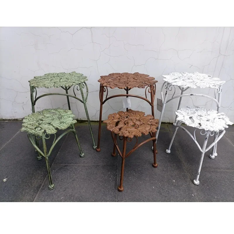 ‌Popular Cast Iron Garden Stool with Plant Shelf - Antique Finish Outdoor Decor Foldable Balcony Planter Stand for Patio Display