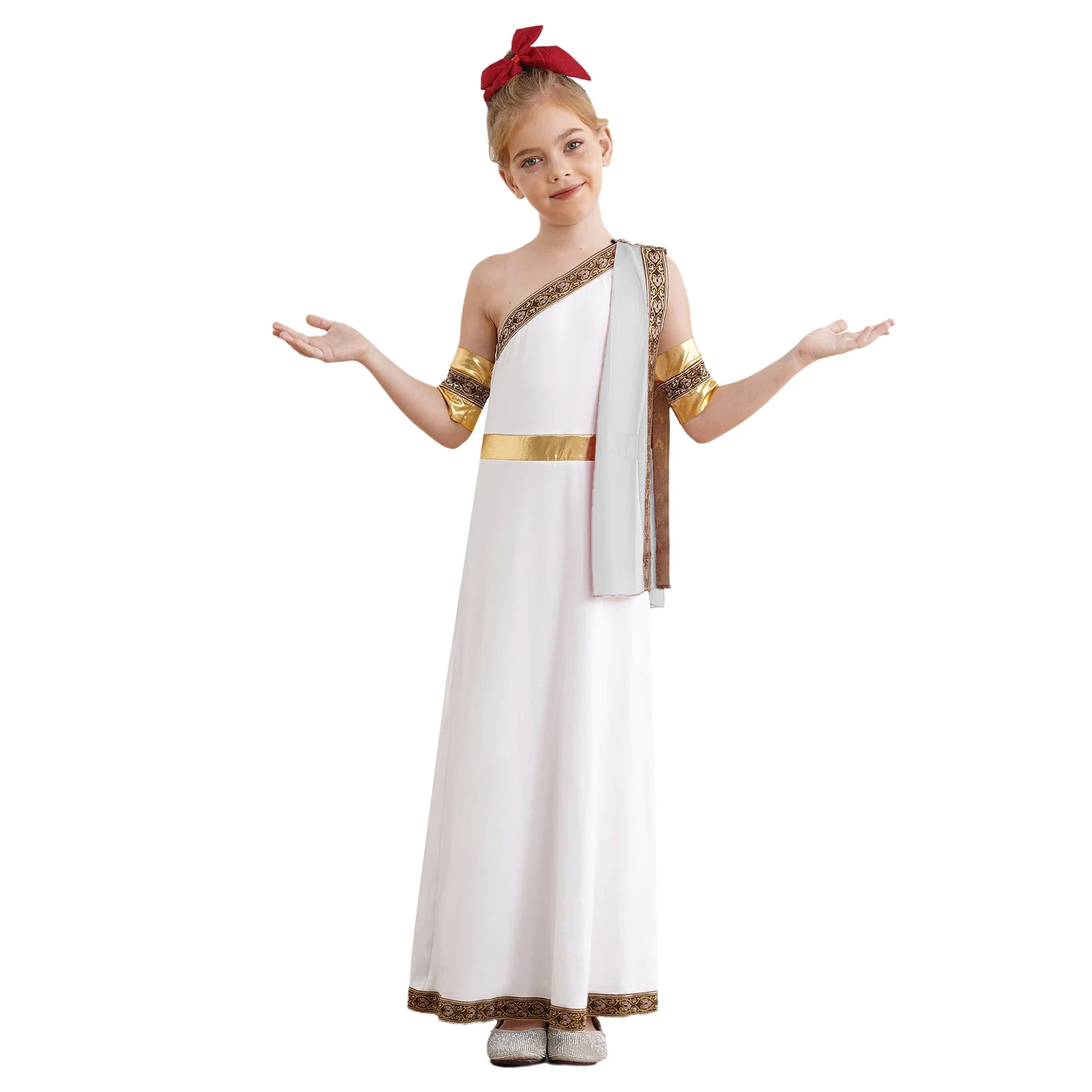 

Halloween Ancient Greek Toga Classic Roman Princess Cosplay Dress Sleeveless Embroidered Robe with Cuffs Carnival Wear