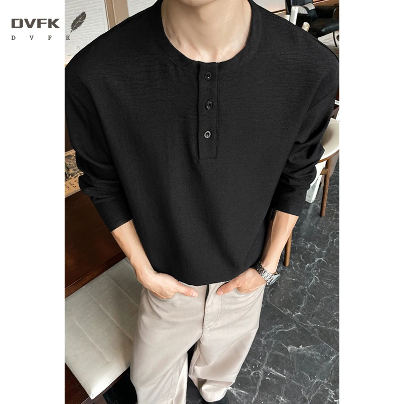 Mens Three Quarter Sleeve Henley T Shirt Linen Texture Half Button Loose Fit Lightweight Blouse - view 3