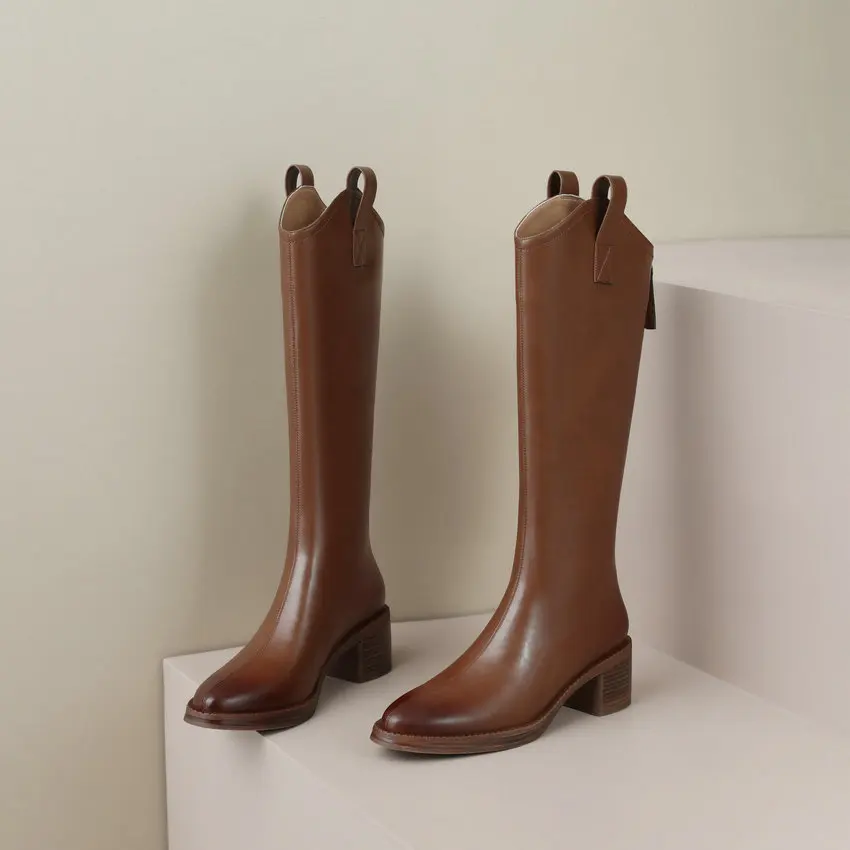 Dilalula 2025 Elegant Women Knee-High Boots Motorcycle Zipper Square Med Heels Genuine Leather Shoes Woman Size 34-39