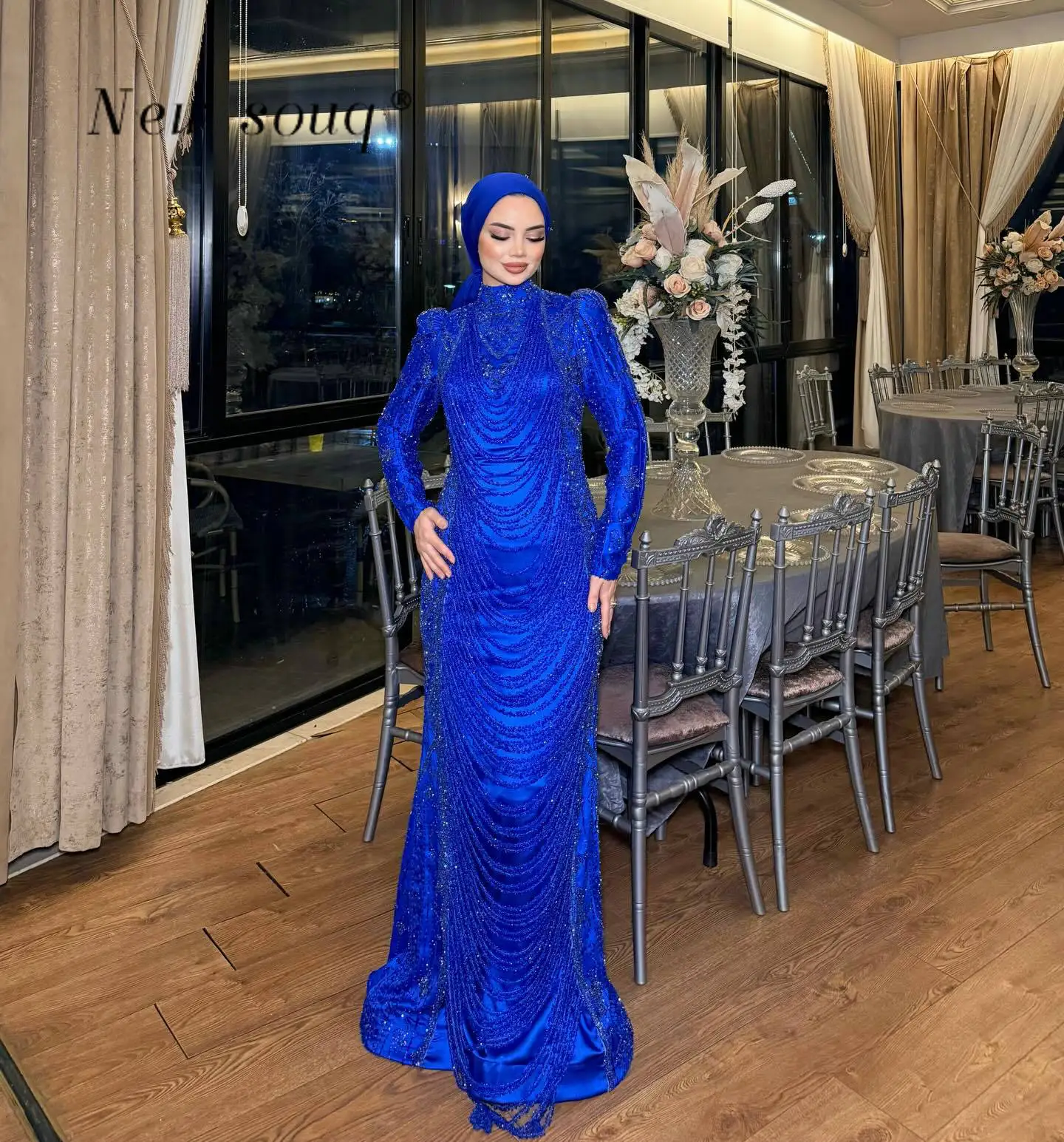 

Арабские турецкие вечерние платья Abiye королевского синего цвета с бисером и бахромой, мусульманские, с длинными рукавами, высоким воротом, прямого кроя, облегающие, для выпускного вечера