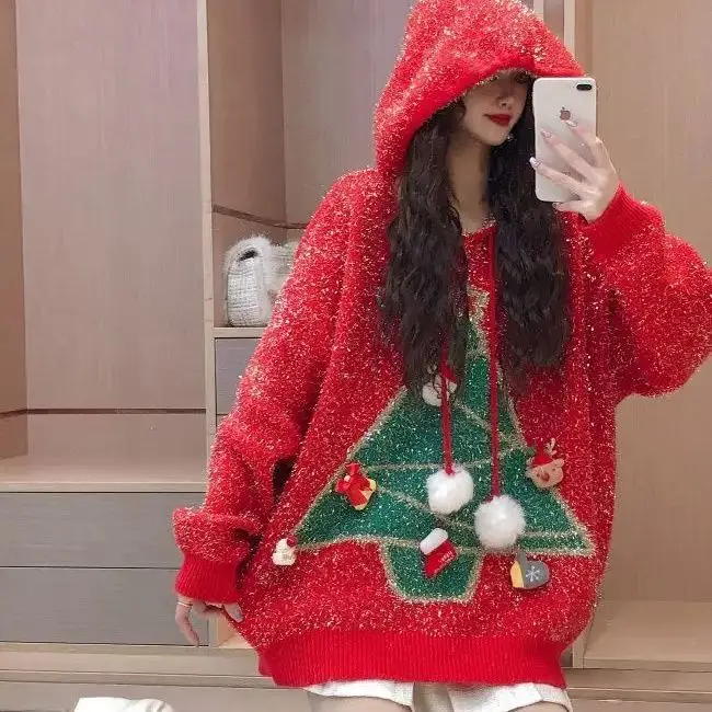 

Fur Ball Bright Silk Hooded Red Sweater Christmas Tree Pattern Women Autumn Winter New Design Christmas Style Long-Sleeved Top