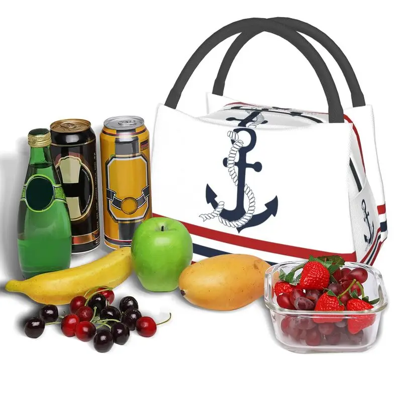 Custom Nautical Blue Anchors With Stripes Insulated Lunch Bag Office Sailing Sailor Portable Thermal Cooler Lunch Box Women