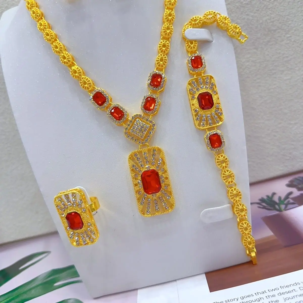 Dubai 24K Gold Plated Bridal Wedding Jewelry Necklace Bracelet Earrings Women\'s Ring Dress Accessories Party Anniversary Gift