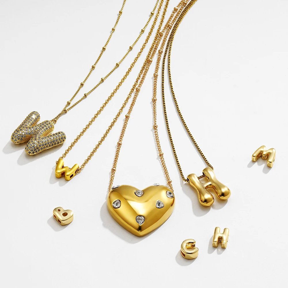 Gold Color Bubble Letter Necklace for Women Dainty Cubic Zirconia Balloon Chunky Initial Pendant Necklaces New Trendy Jewelry