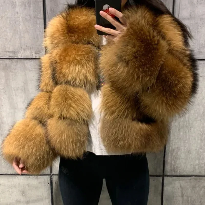 Women Fake Raccoon Fur Jacket Autumn Winter Faux Fur Fox Coats Short Coat Jackets Furry Outerwear Elegant Thick Warm Coats