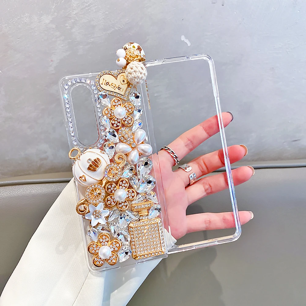 

Glitter Diamond Pumpkin Car Pendant Pearl Flower Phone Case Bling Acrylic Cover for Samsung Galaxy Z Fold 5 4 3 2 Z Flip 4 3 2