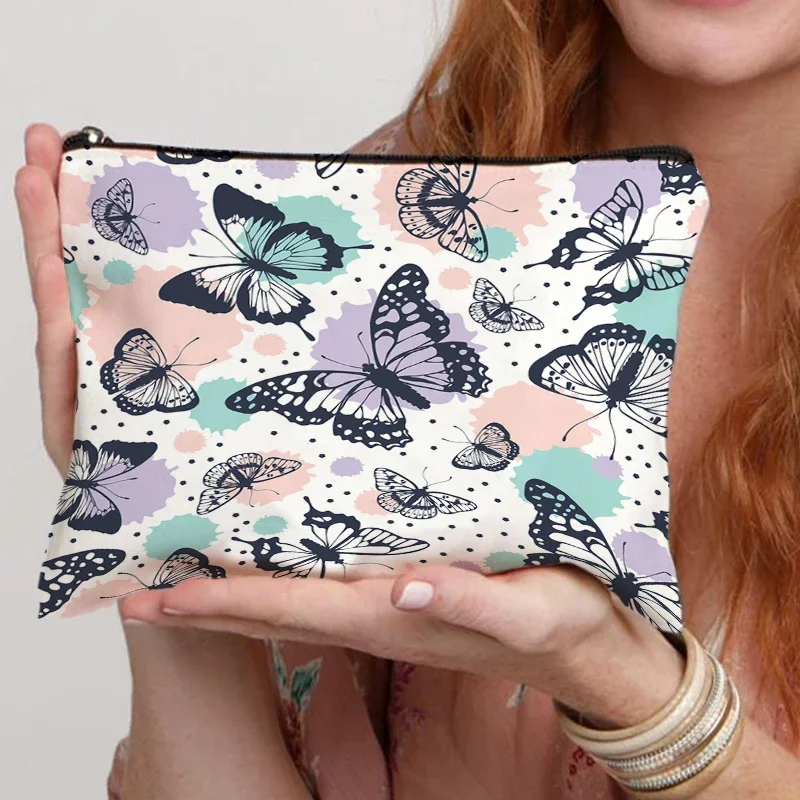 Women's Exquisite Wash and Portable Travel Makeup Bag Butterfly Print  and Black Zipper Cosmetic Bag  Fashion  Mini Storage Bags