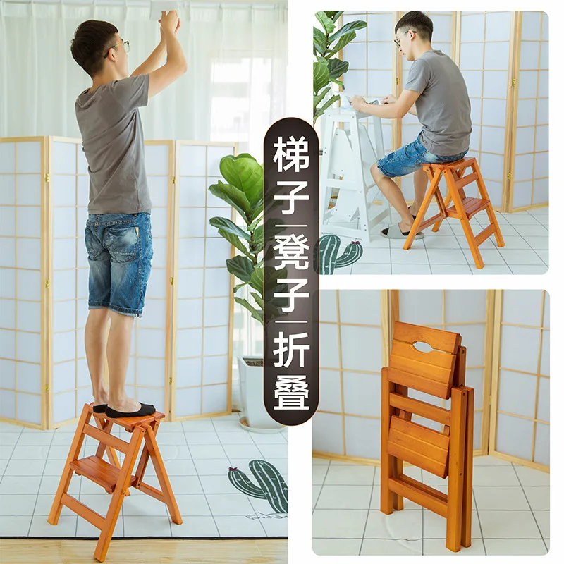 Solid wood household multifunctional two-step folding ladder, stair bench, indoor climbing ladder, serrated ladder