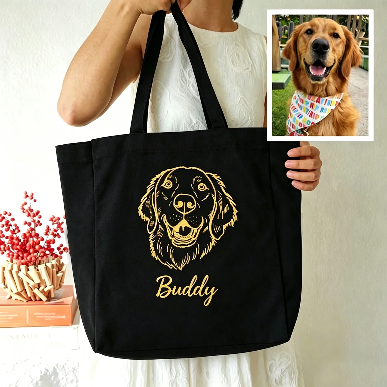 

Canvas Tote Bag Custom Pet Portrait Face Print Name Design Handbag Fashion Special Present For Dog Mom