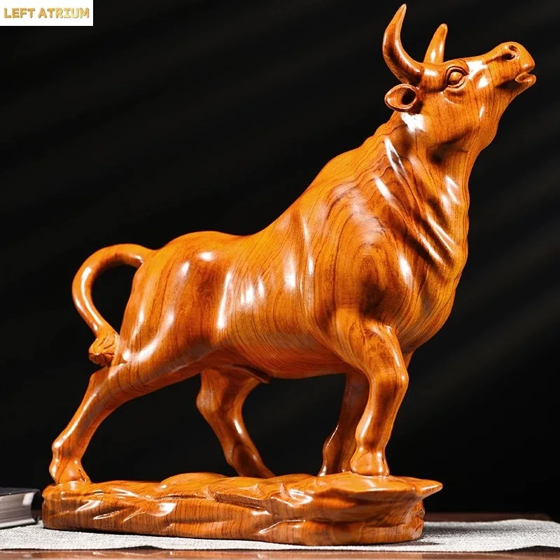 Hand Carved Red Sandalwood Wooden Bull Statue Figurine - Zodiac Ox Power Strength Ornament Home Office Desk Decor Gift