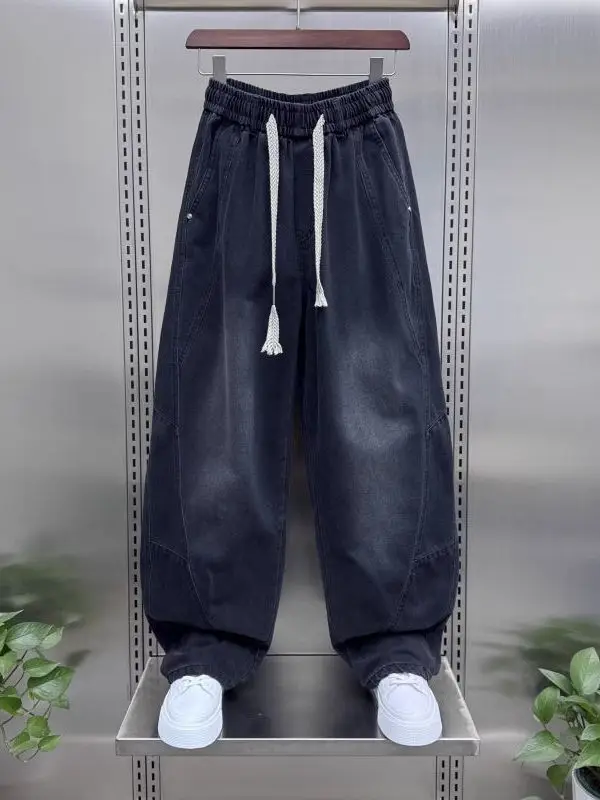 Duże Rozmiary 300 Pou Letnie Nowe Jeansy Vintage z Przeszyciami Męskie Damskie Modne Luźne Młodzieżowe Spodnie z Sznurkiem i Kieszeniami Casualowe Szerokie...