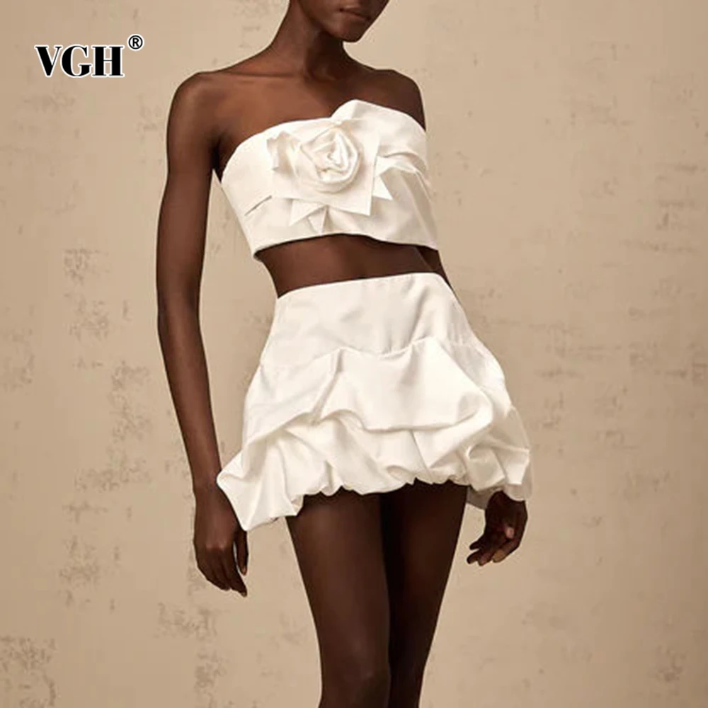 

VGH Sexy Solid Two Piece Sets For Women Strapless Off The Shoulder Sleeve Top High Waist Short Skirt Designer Set Female Fashion