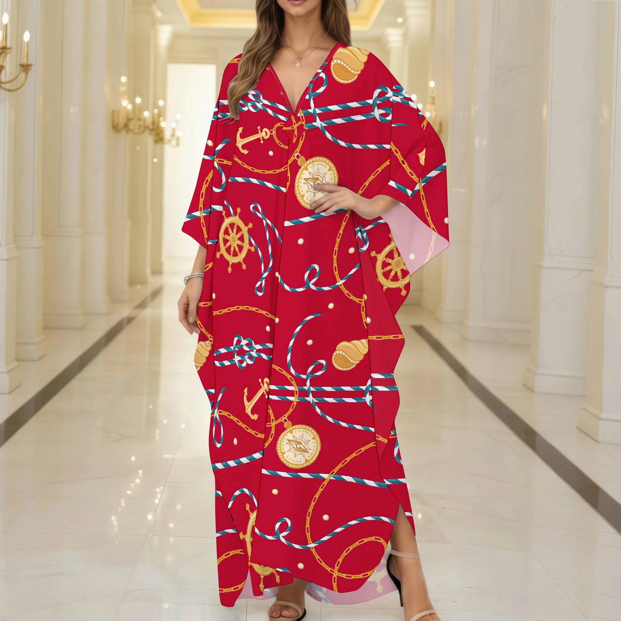 

Women's Summer and Autumn Fashion 3D Printed Style, V-neck Casual Home Pocket Free Dress (One Size)