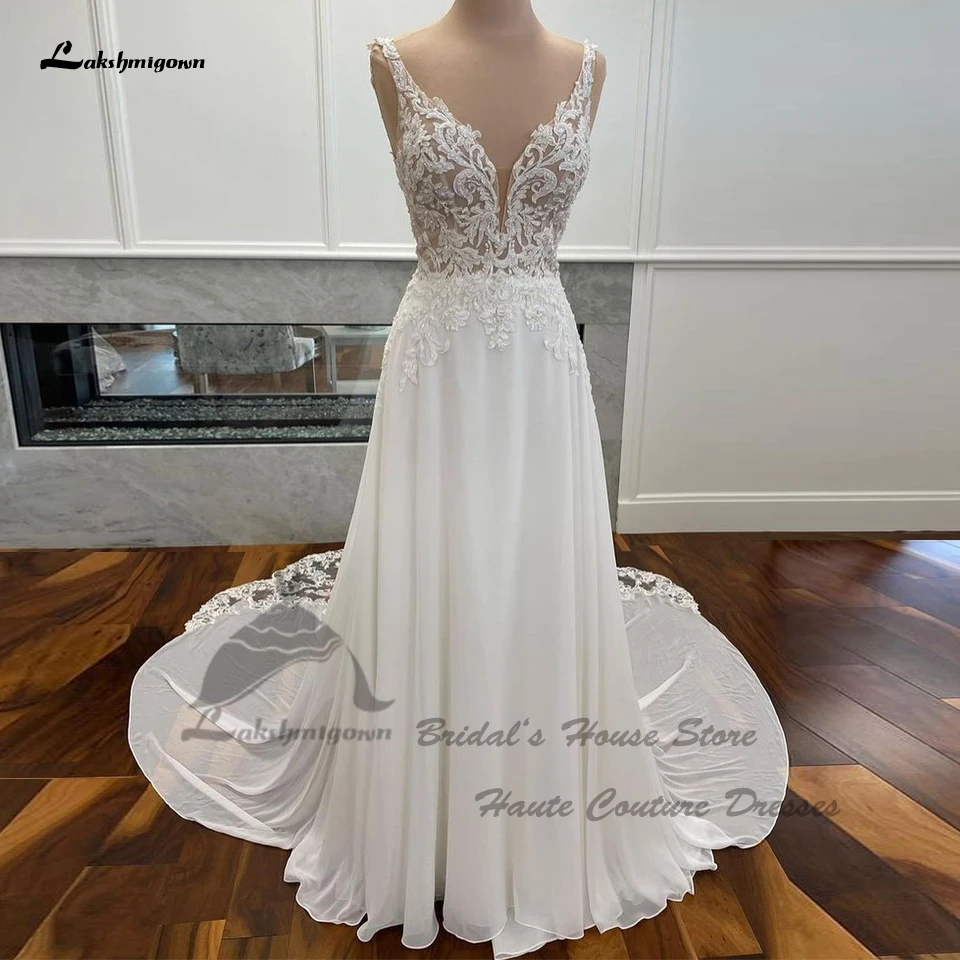 Lakshmigown Luxury Chiffon Long Boho Lace Wedding Dress Customized 2024 Deep V Neck Classic Bridal Beach Wedding Gowns Open Back