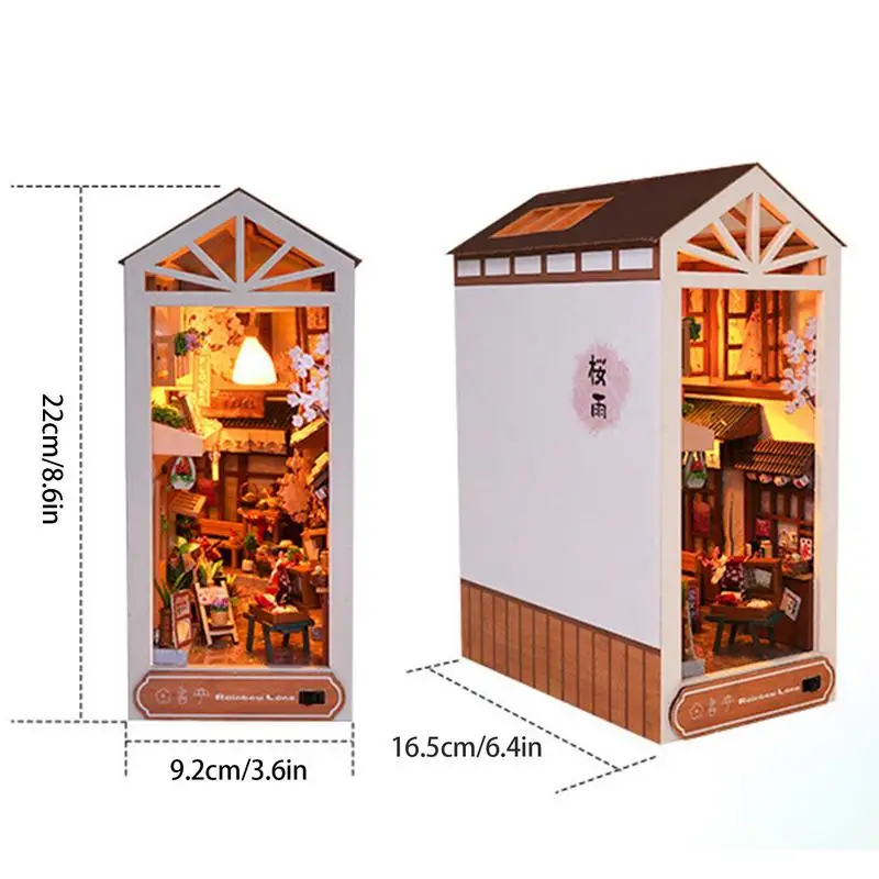 Japanese Style Book Corner Book Stand DIY Miniature Room Puzzle House Model Kits With LED Lights For Home Bookshelf Decor