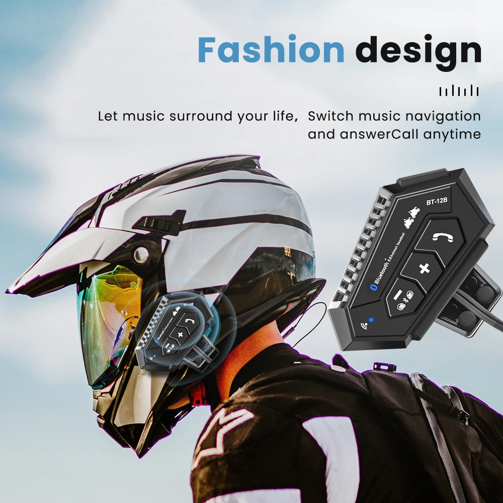 BT-12B Bluetooth 5.4 Helmet Headset Motorcycle Intercom Wireless Call Phone Kit Waterproof Interphone MP3 Music Player Speaker
