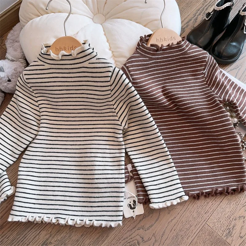 

Girls T-shir 2025 Autumn Spring Korean Style Fashion Minimalist Versatile Striped Casual Long Sleeve Ruffles Base Layer Tops