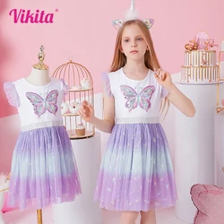 VIKITA Girls Butterfly Flare Sleeve Summer Dress Kids Butterfly Sequined Appliqued Gradient Colorful Princess Party Dresses