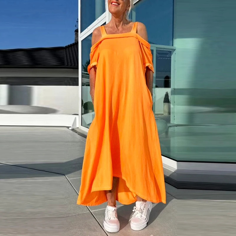 여름 할로우 반팔 느슨한 롱 드레스 캐주얼 오프 숄더 포켓 풀오버 드레스 우아한 솔리드 컬러 홀리데이 드레스 Vestido