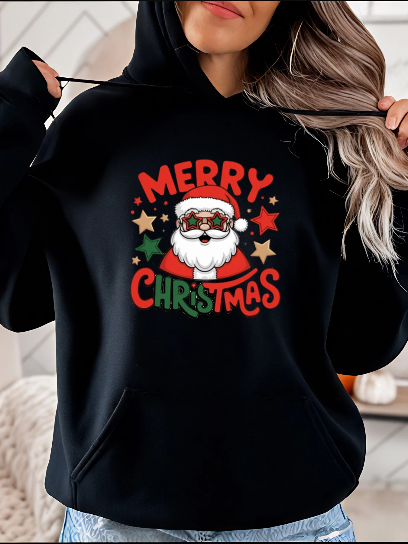 

Толстовка с принтом Санта-Клауса с Рождеством, повседневный праздничный дизайн со звездами и очками, женская праздничная одежда