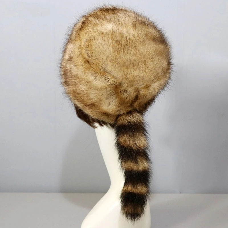 Winter Hat Faux Fur Raccoon Tail Russian Round Flat Top Ear Protects Thick Hat