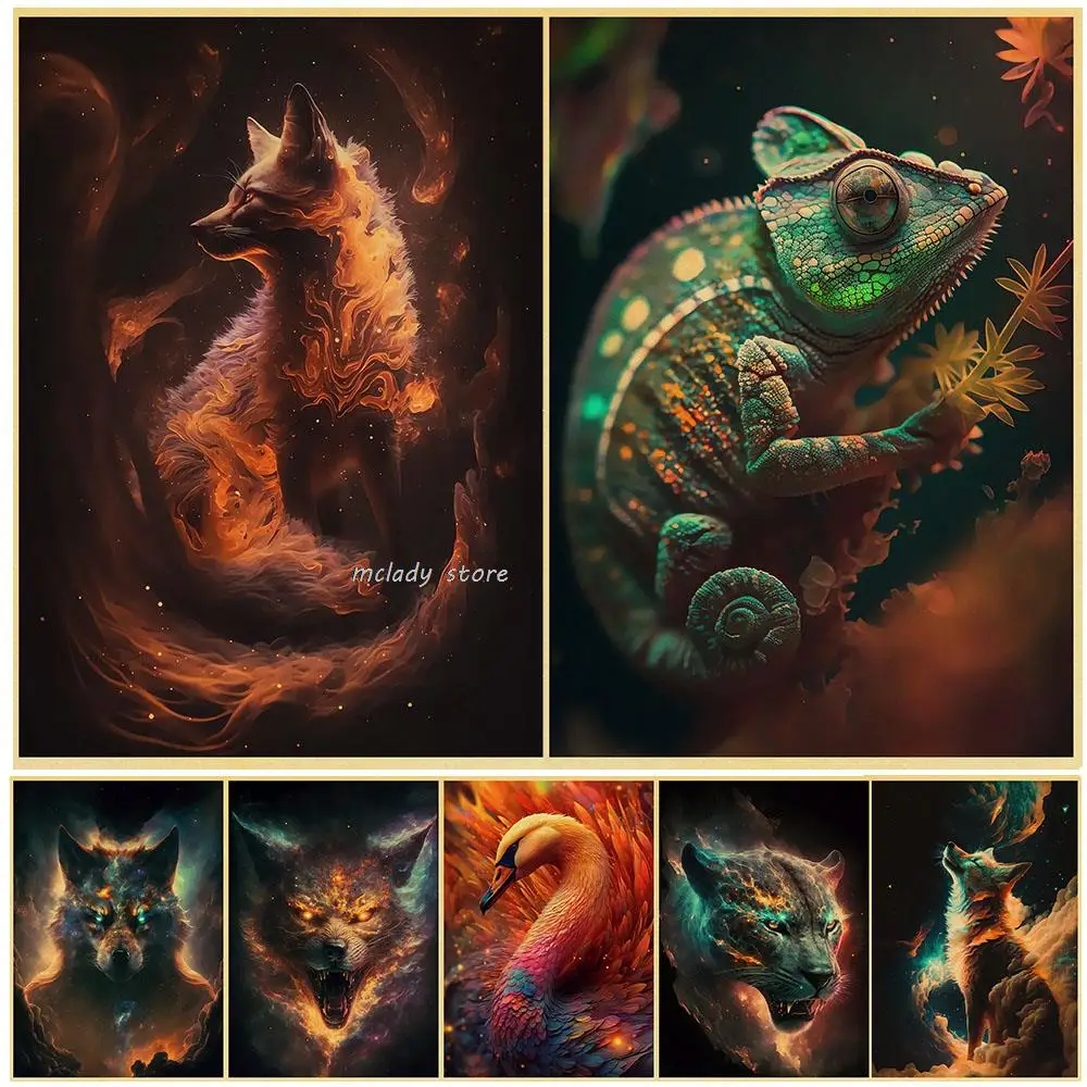 Abstract Cosmic Creatures Elder Dragons Sight Lion Tiger Panther Poster Print Canvas Painting Wall Art Living Room Home Decor