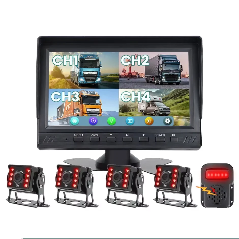 Blind Spot 7 Inch 4 Channel AHD 1080P DVR Split Screen Recorder For Truck Bus RV Van Trailer With IR Night Vision Camera