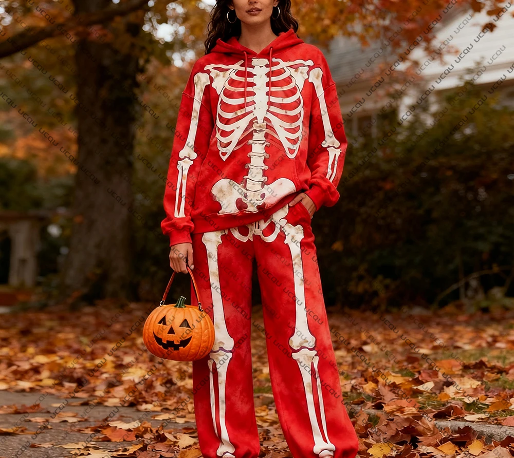 2025 هالوين جديد مقنعين البلوز وسراويل مجموعة مرعبة الهيكل العظمي موضة ثلاثية الأبعاد طباعة الشتاء الربيع مجموعة مهرجان فستان مجموعة #3