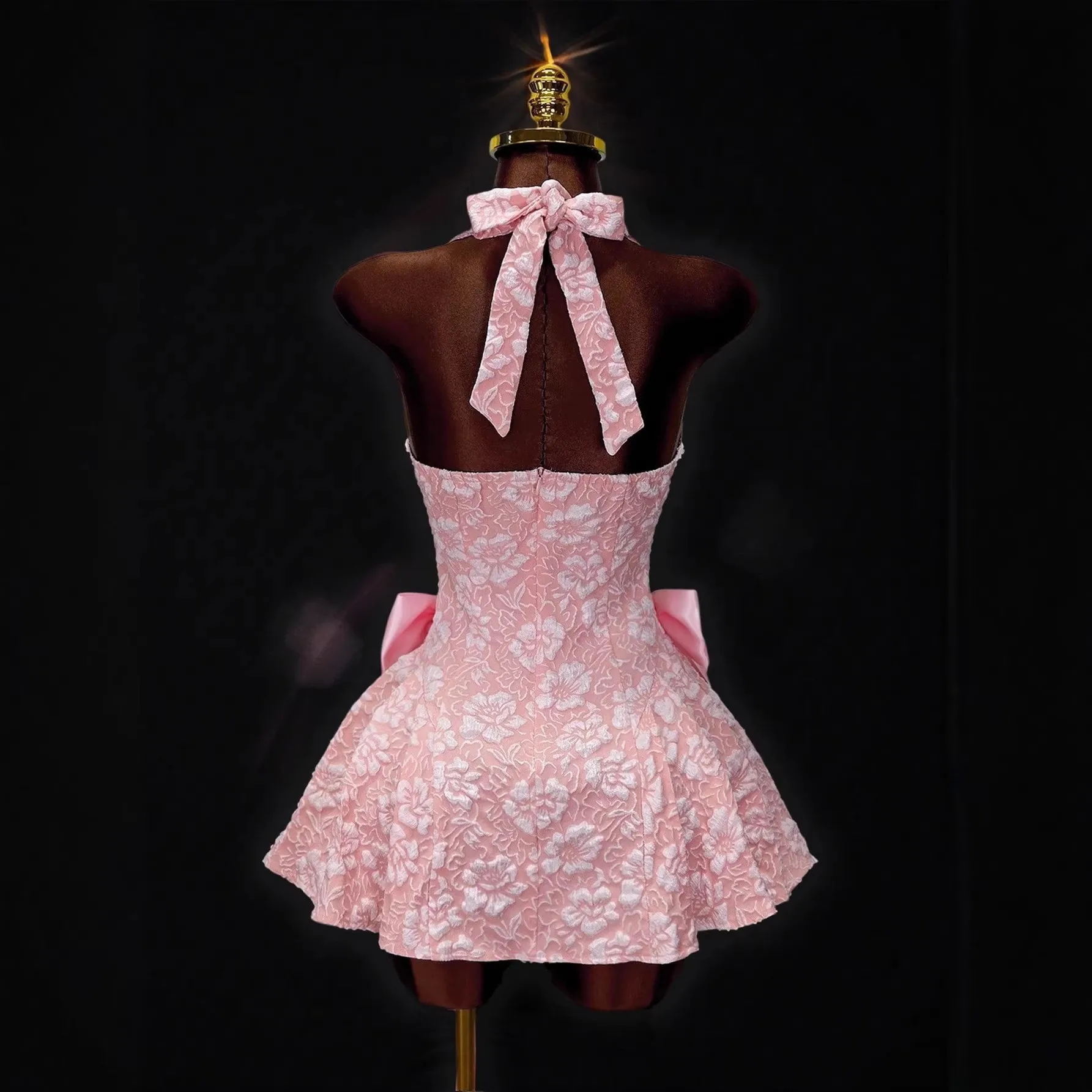 Vestido de Fiesta para Mujer, Elegante y de Lujo, con Cuello Halter y Escote en V, Mini Vestido de Fiesta, Jacquard Floral, Cintura Fruncida Rosa, Peplum