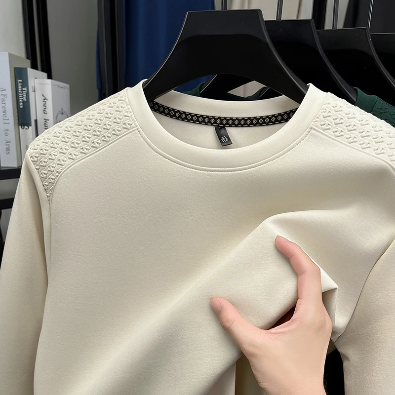 2025 هوديي الرجال الربيع والخريف جولة الرقبة طويلة الأكمام تي شيرت فضفاض عارضة تنوعا قاعدة قميص