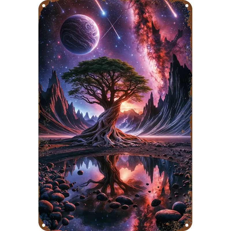 

Vintage Cosmic Fantasy Metal Wall Art - Aluminum Sign with Surreal Landscape Design, Perfect for Home, Office, Cafe & Pub Decor