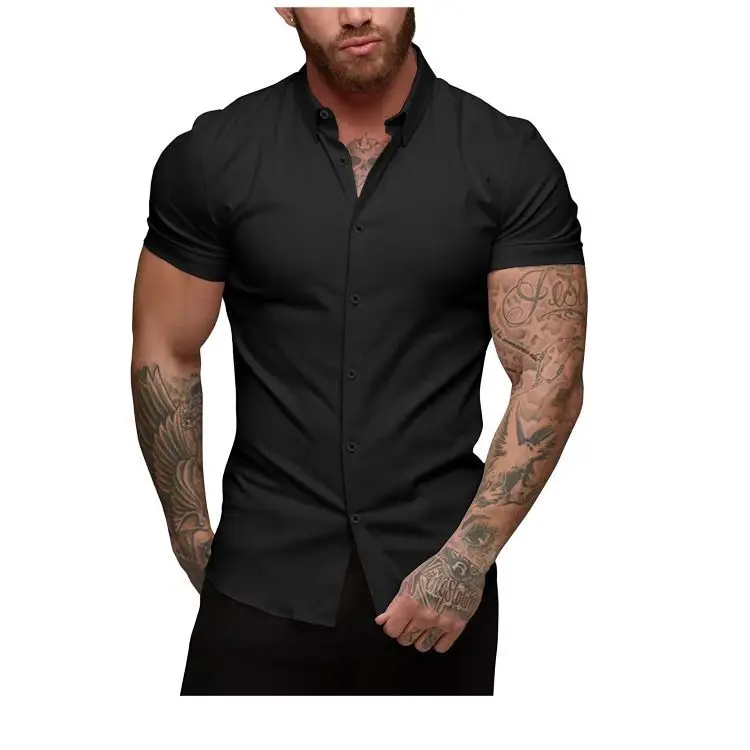 

New Arrival Fashion Hot Sale Men's Muscle Formal Shirt Slim Fit Elastic Free Short Sleeve Men's Casual Button Shirt Men Top