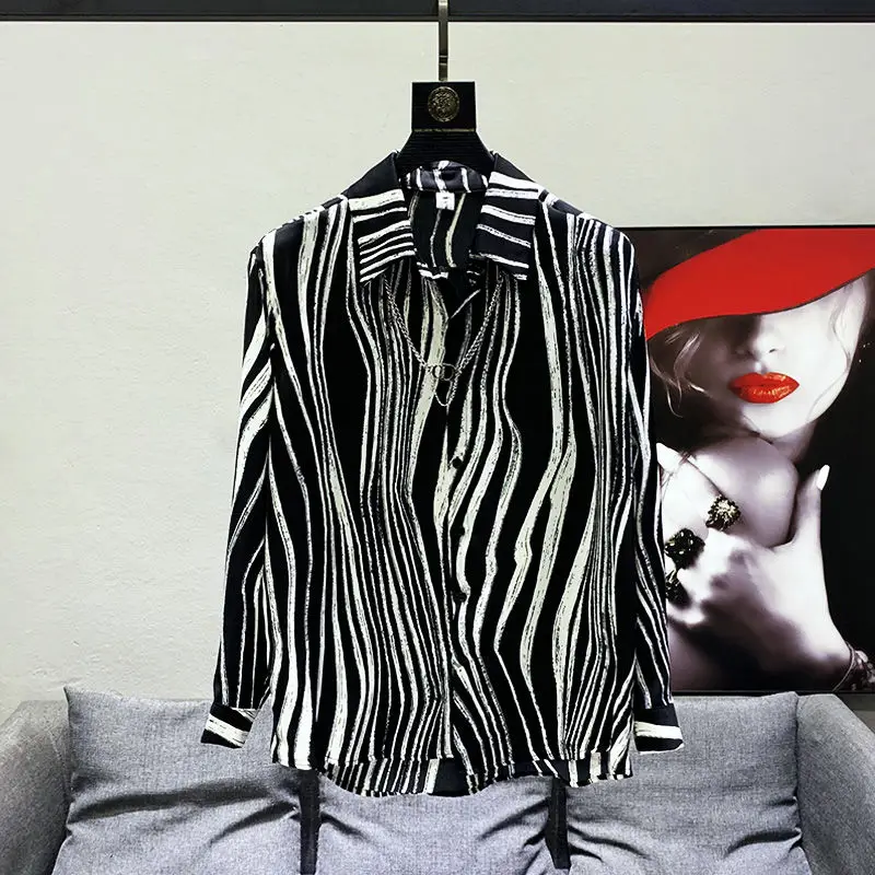 2024 Spring and Summer Fashion Trend Korean Edition Polo Collar Zebra Print Loose Casual Versatile Long Sleeved Shirt for Men