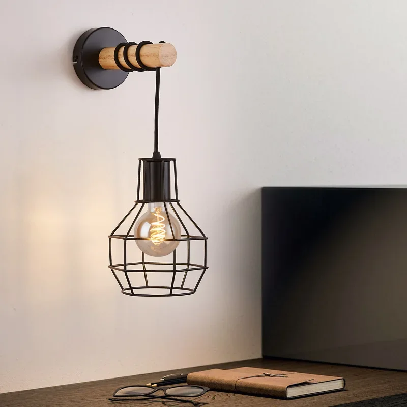 American Bulb Simple Retro Industrial Style Wall Personality Bar Bedroom Living Room Bedside Wrought Iron Solid Wood Wall Lamp