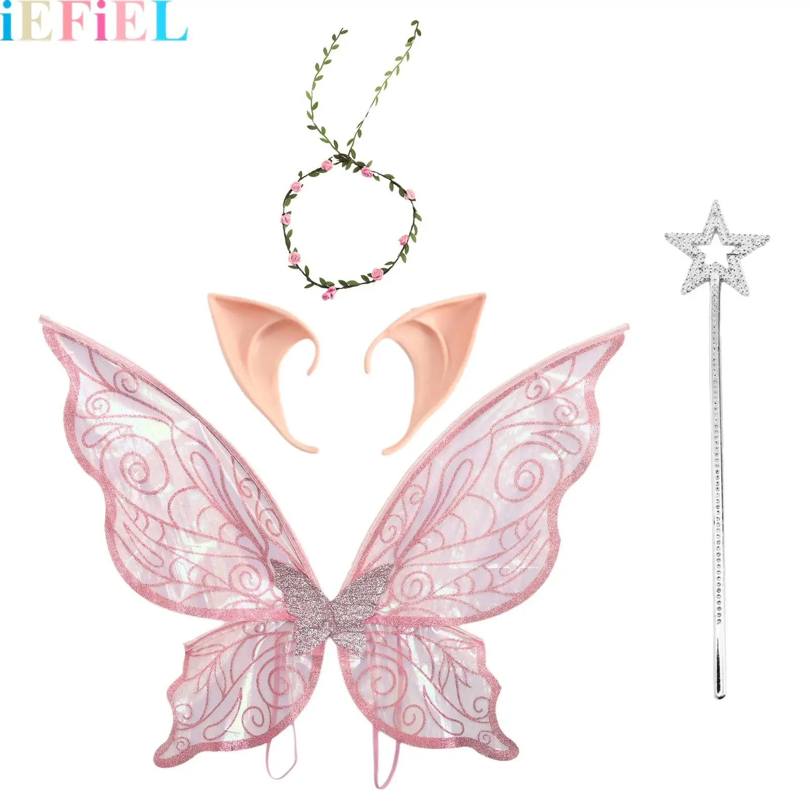 

Women Girls Cosplay Props Elastic Strap Sparkly Material Decorated Butterfly Wings Elf Ears Fairy Stick Garland Festival Supply