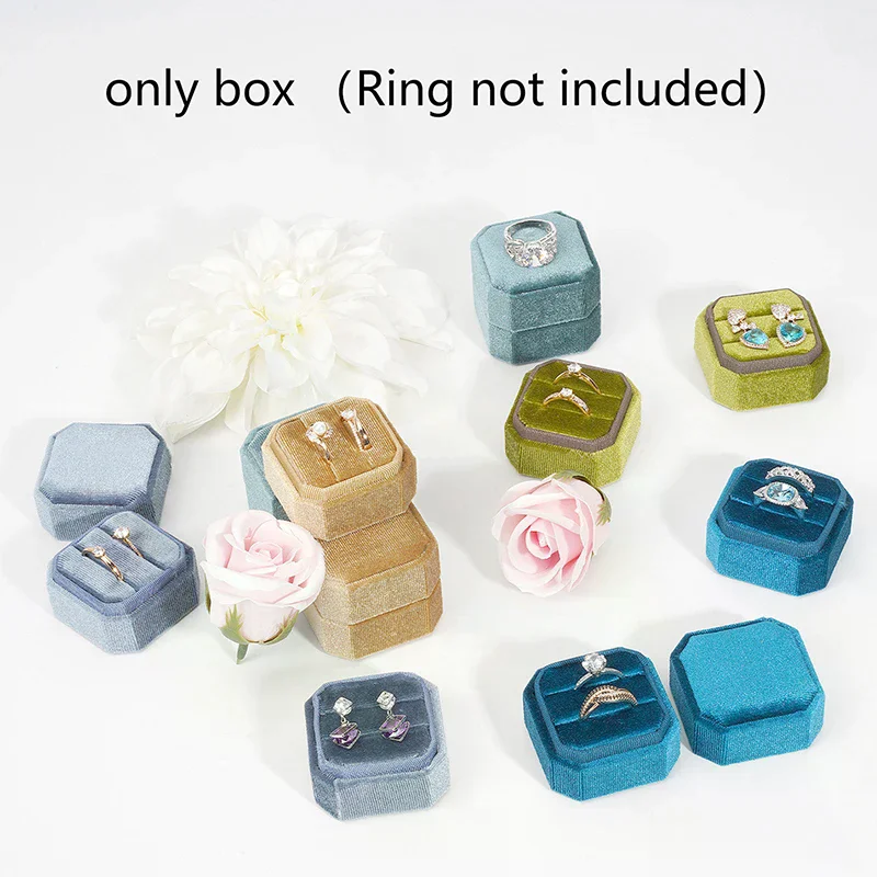 

1Pc Velvet Ring Box Double Ring Box With Detachable Lid 2 Slots Octagon Ring Display Holder Case For Engagement Wedding Proposal