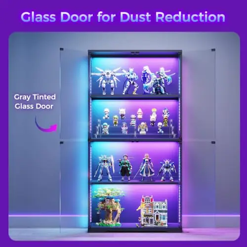 Display Case with Glass Doors & RGB LED Light, Glass Display Cabinet | 4-Tier Display Shelf Storage Cabinet for view 6