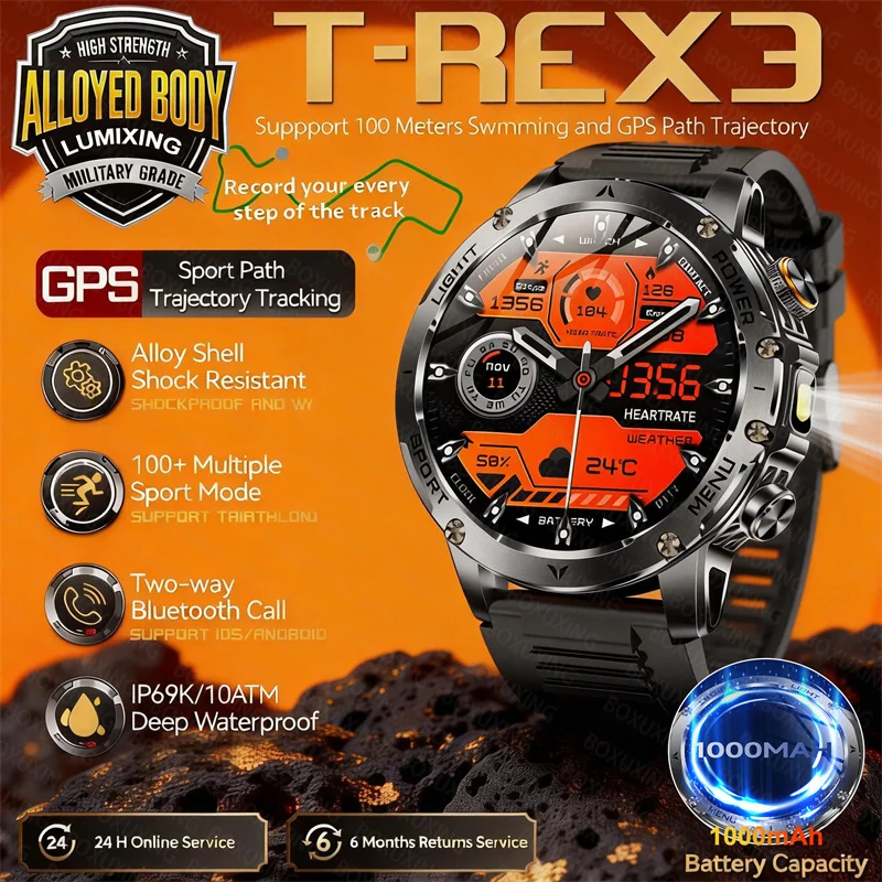 2026 T-REX3 1000mAh Large Battery Durable Adult Smart Watch GPS Strong Flashlight IP68 Waterproof BT Call Sports Smartwatch Men