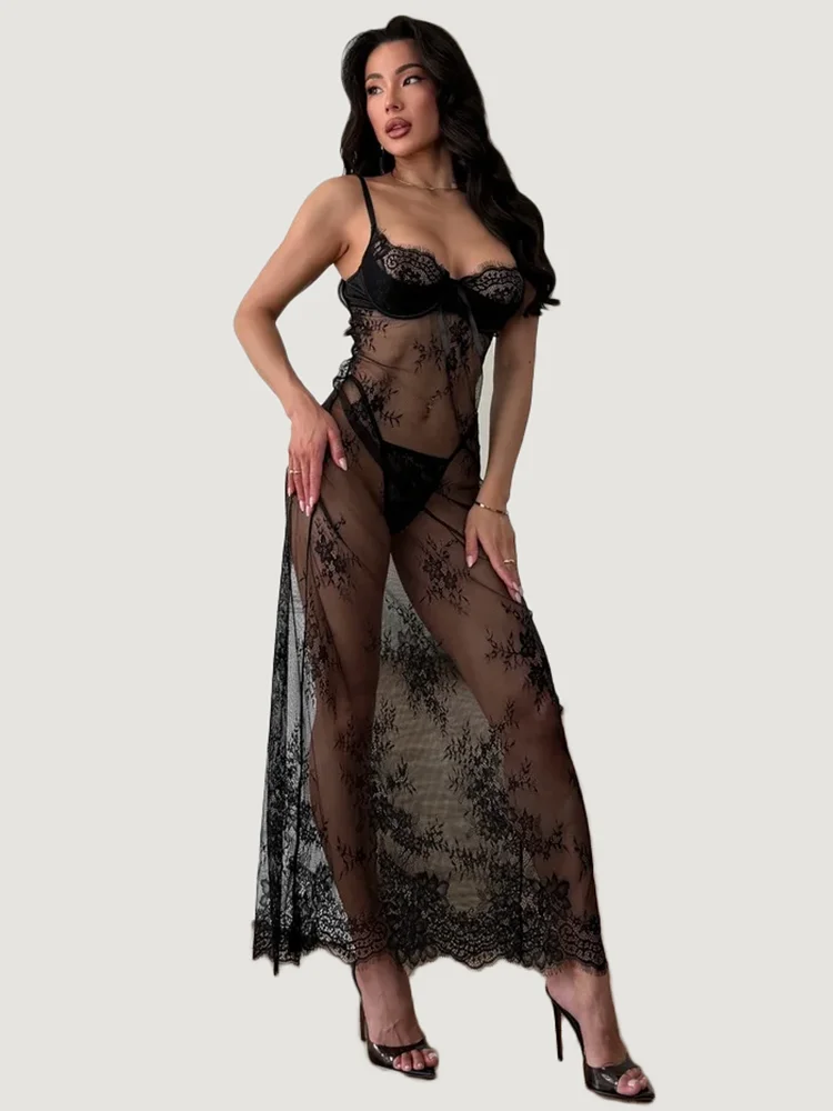Women's Black Floral Lace Sheer Maxi Chemise Lingerie Dress with Underwire Cups High Slit Ruffle Trim and Open Back Nightwear