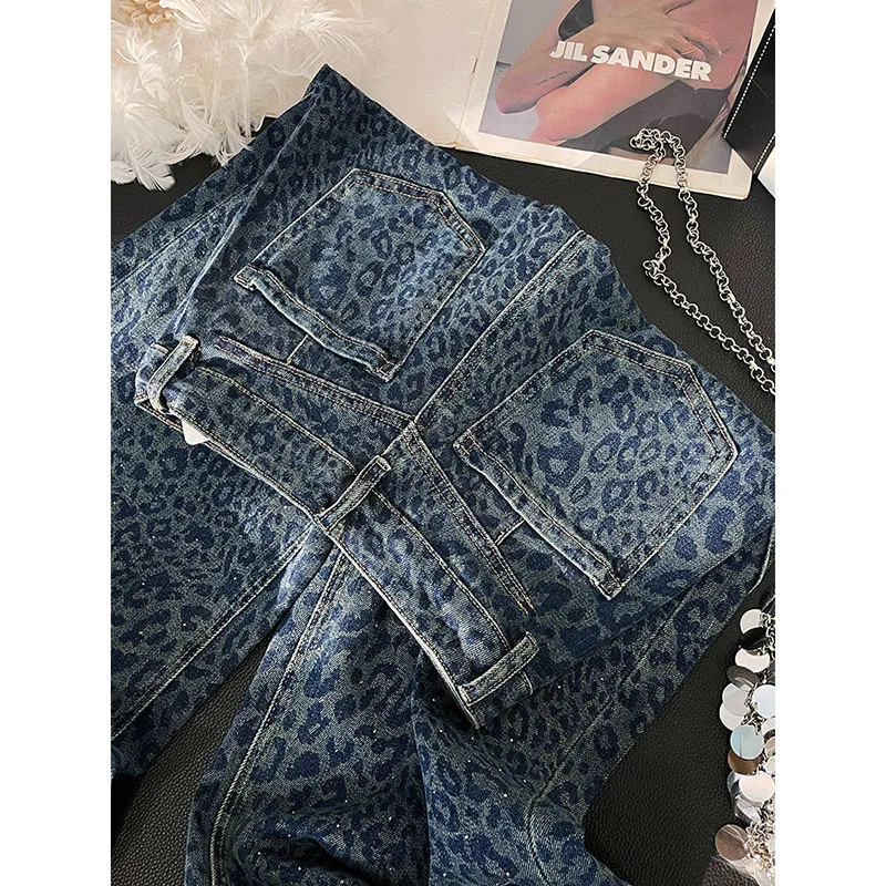 Retro Leopard Jeans Button Zipper Pants Women's New Autumn And Winter Heavy Industry Casual Pants ins Loose Fashion Joker Pants