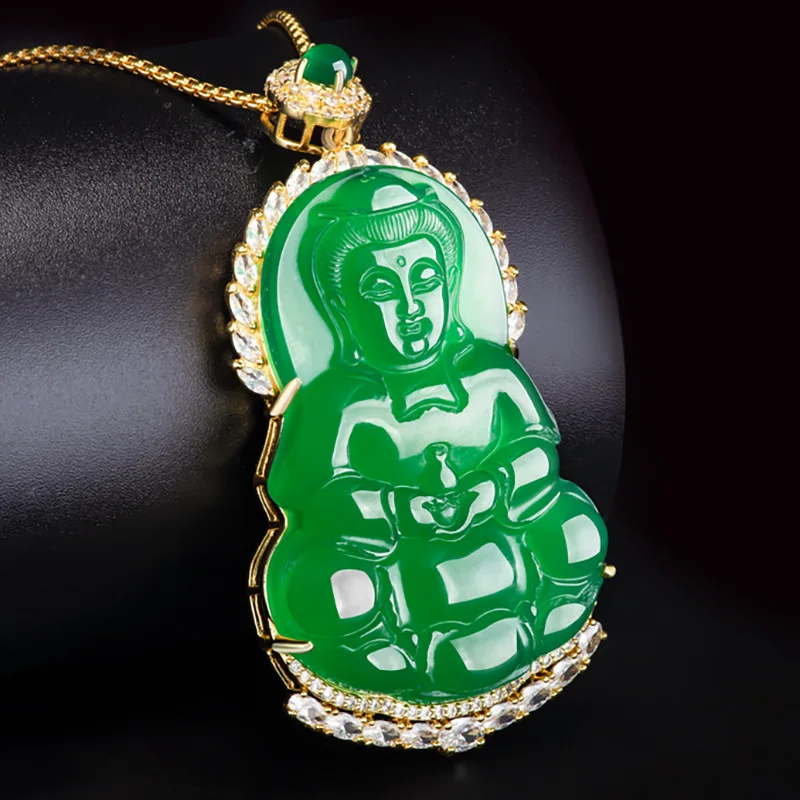 أحدث زجاجة نظيفة من العقيق الأخضر الطبيعي الأصيل Guanyin النحاس المطلي بالذهب والثلج قلادة نسائية عصرية