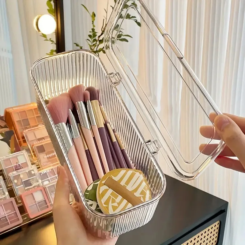 Clear Vertical Stripe Makeup Sponge Storage Box Stackable Cosmetic Puff Organizer Holder For Beauty Blender view 4