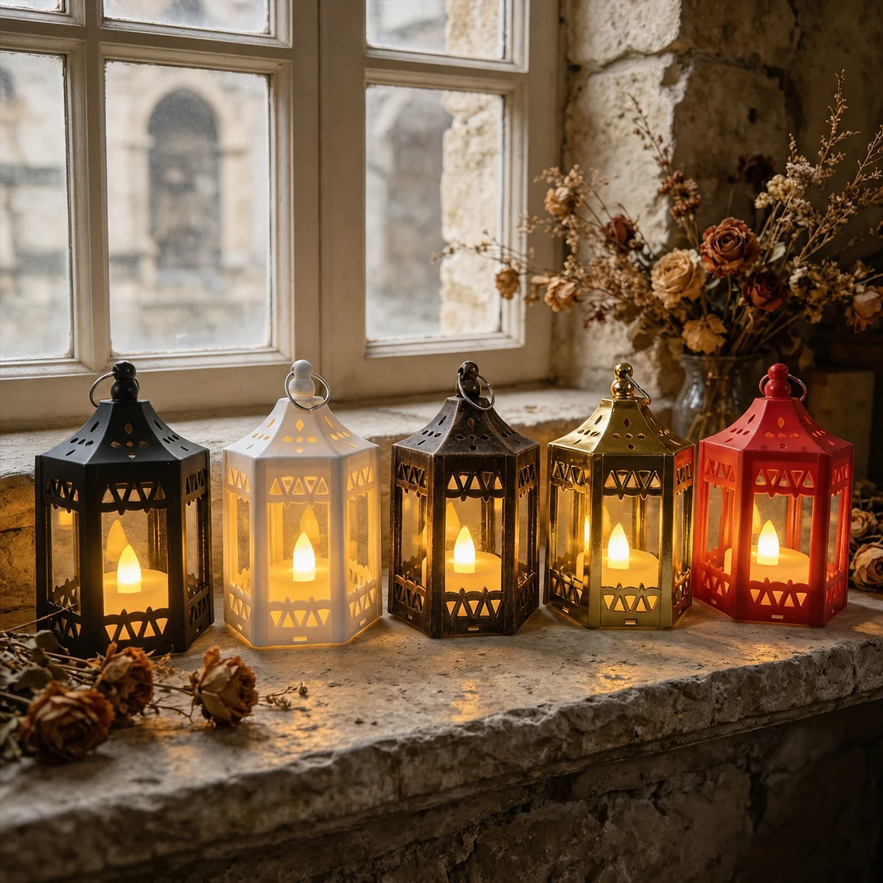 Hexagonal Glass Lantern Glass Electronic Candle Lantern Glass Led Candle Lantern Hexagonal For Desktop Decoration Festival Event