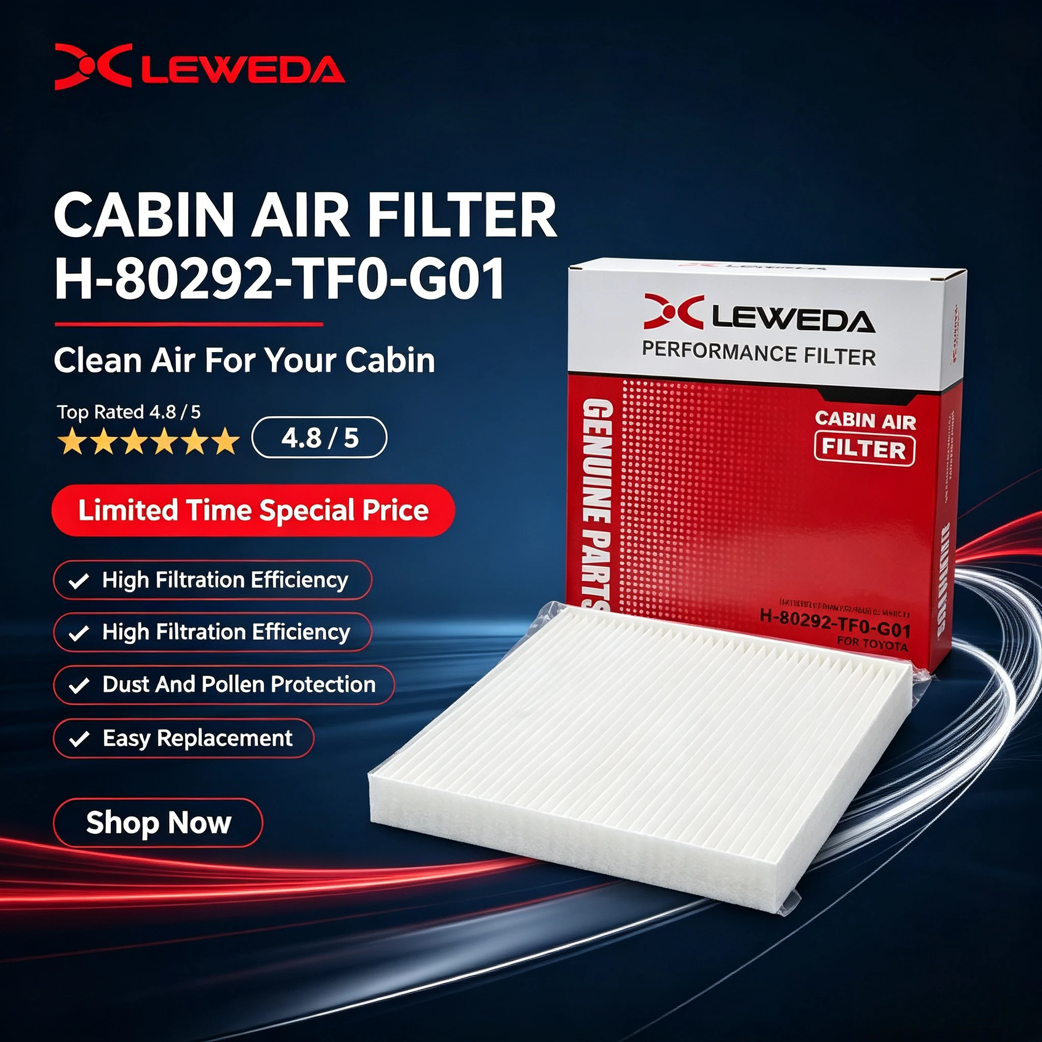 Leweda Odor Eliminating Cabin Filter 80292-TF0-G01 for Honda Accord Civic Fit HR-V Odyssey Acura RDX TLX Replaces CF11182 CP182