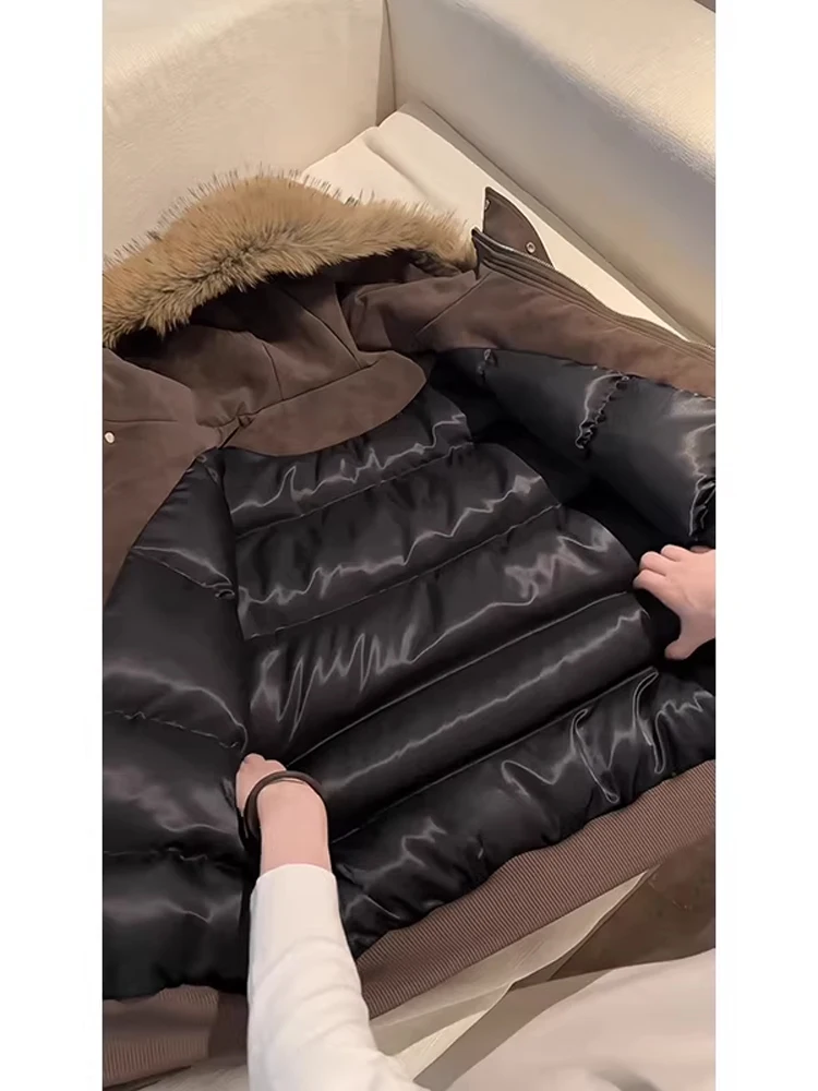 

Куртка из искусственной кожи с карамельным меховым воротником и капюшоном, хлопковая зимняя американская теплая парка, хлопковое пальто, мужская мода