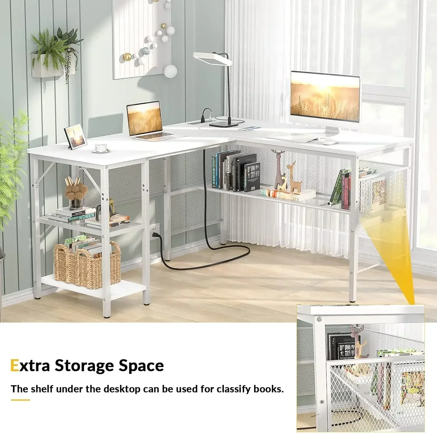 Unikito Magic Mesa portátil em forma de L com 4 saídas, mesa de computador reversível em forma de L de 55 polegadas com prateleira de armazenamento e carregamento USB Po