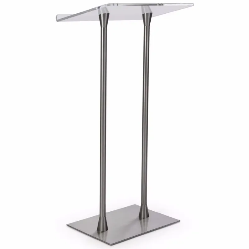 

Commercial Furniture Podium Stand Clear Top Surface Acrylic Pulpit with Silver Steel Poles