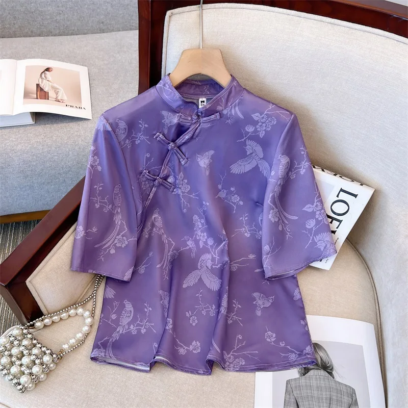 Vintage Chinese Style Women\'s Blouse Plate Button Faux Silk Purple Shirt Short Sleeve Five-Quarter Sleeve Tops Women\'s Clothing