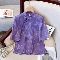 Vintage Chinese Style Women's Blouse Plate Button Faux Silk Purple Shirt Short Sleeve Five-Quarter Sleeve Tops Women's Clothing